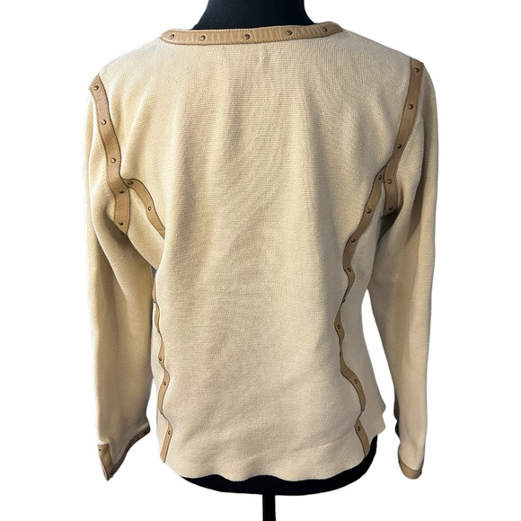 Sigrid Olsen Silk Blend Tan Leather Trim Long Sleeve Crew Neck Cardigan Size MP - Picture 3 of 8